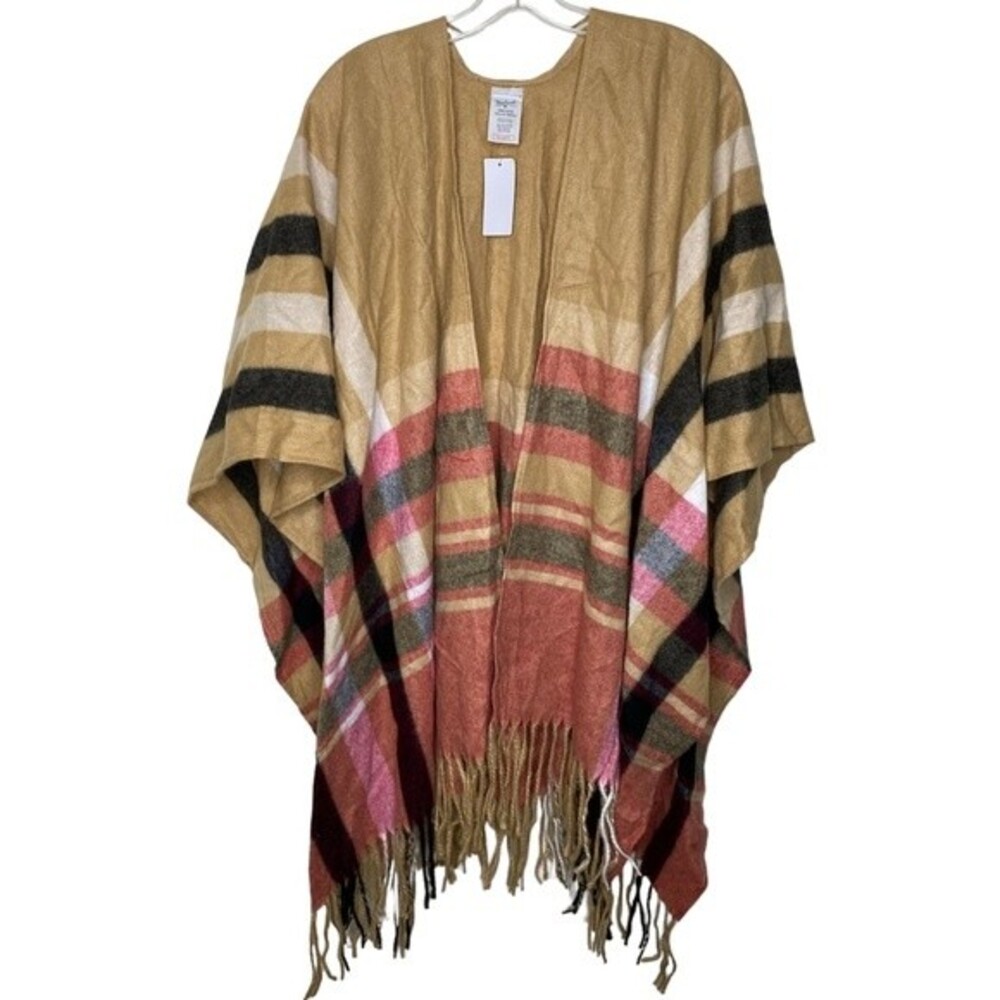 New Woolrich Tan Black Red Plaid Shawl Cardigan Justine Shrug Pancho wrap